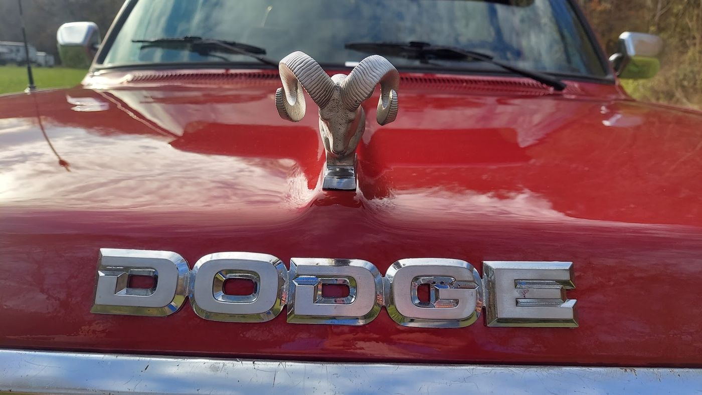 Ram's head hood ornament and Dodge lettering on a Ramcharger hood