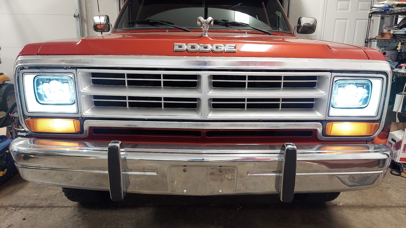Front of a 1989 Dodge Ramcharger with LED headlight conversion